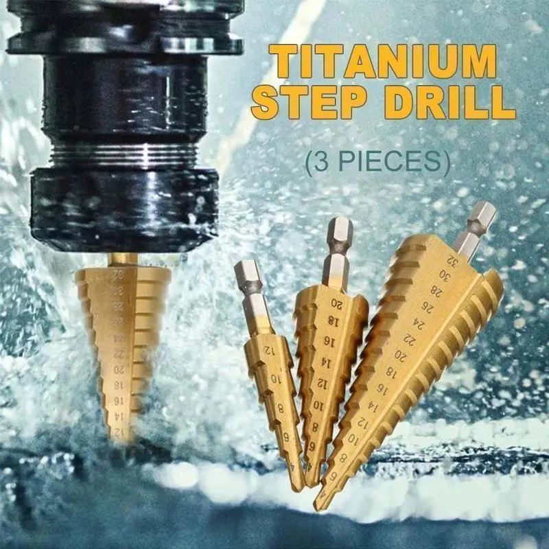 3-Piece Titanium Step Drill Bit Set For Metal & Wood 1