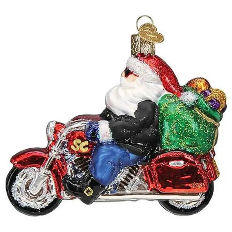 Biker Santa Glass Ornament – Edgy, Motorcycling-Themed Christmas Tree Decoration 1