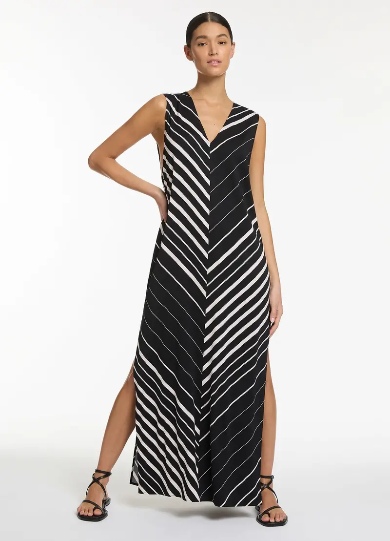Black And Chalk Lunar Stripe Sleeveless Maxi Kaftan 1