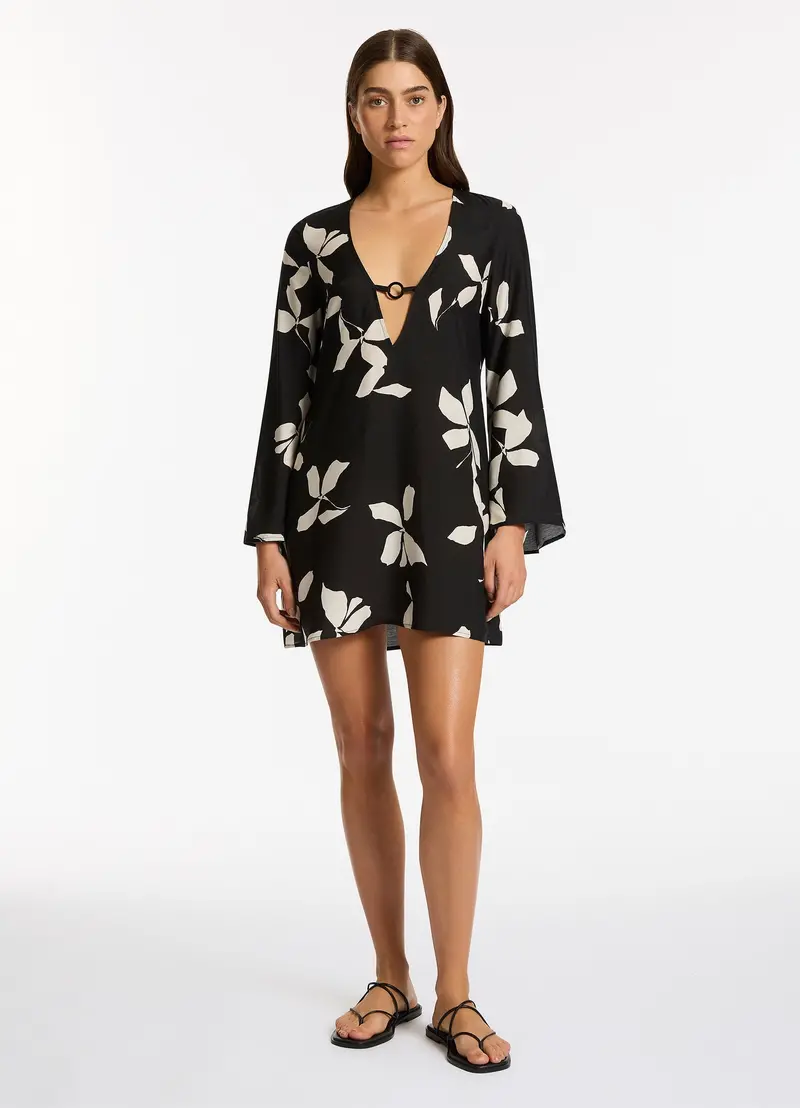 Black Mini Kaftan Cover-Up With Bloom Design 1