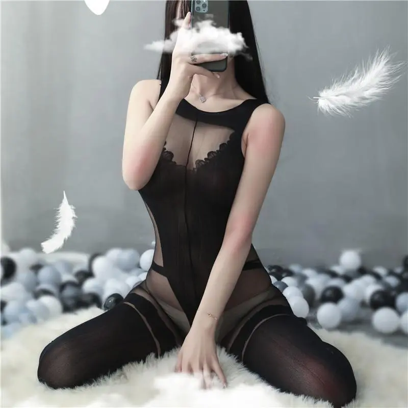 Black Silk Sexy One-Piece Lingerie – Plus-Size Full-Body Stocking Set 1