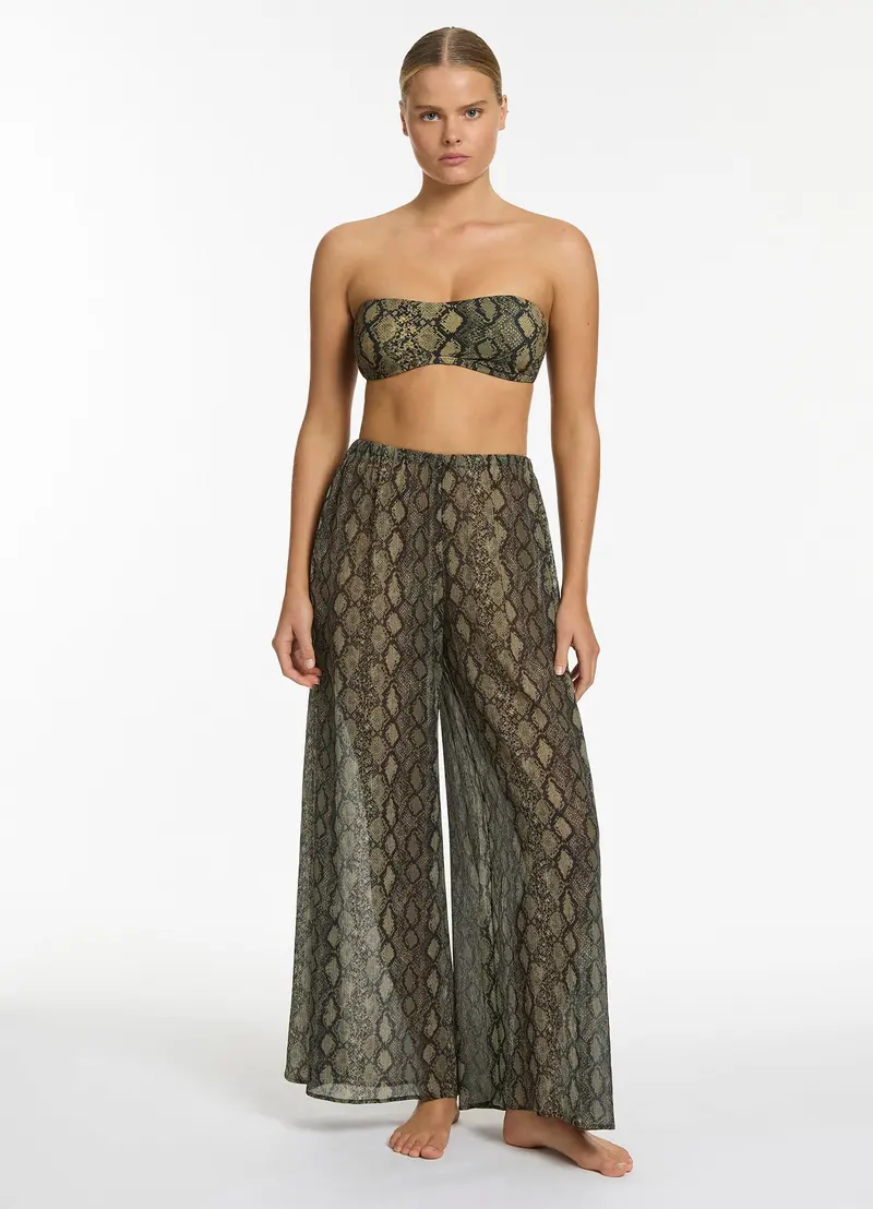 Crinkled Wide-Leg Trousers With Olive Python Motif 1