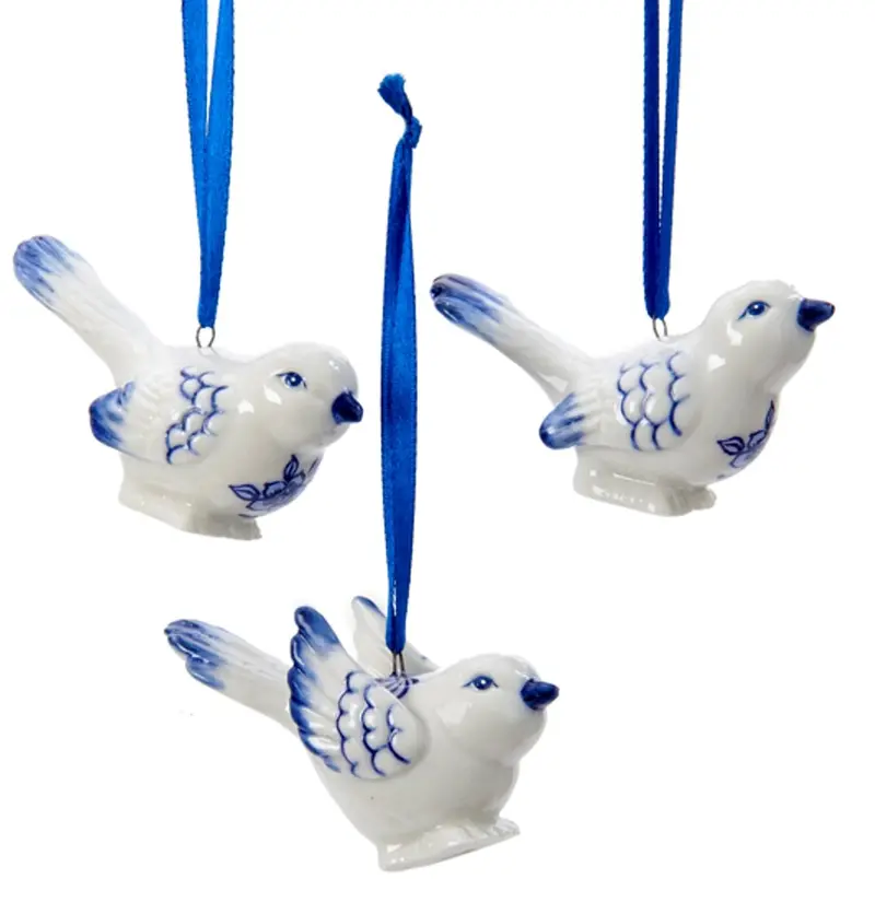 Delft Blue & White Porcelain Bird Ornaments – Hand-Painted Trio By Kurt Adler 1