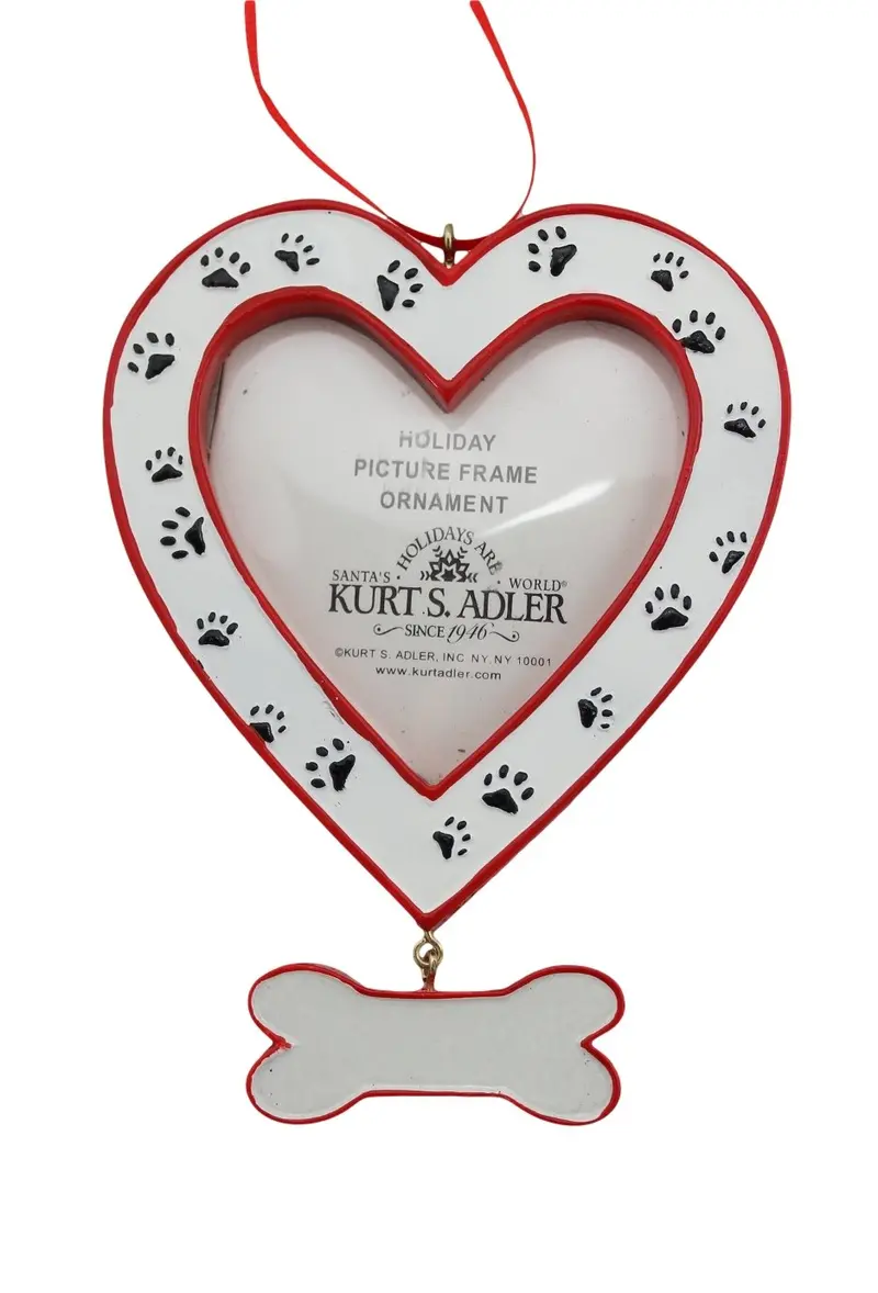 Dog-Themed Heart Picture Frame Ornament – Bone Dangle & Paw Print Detail 1