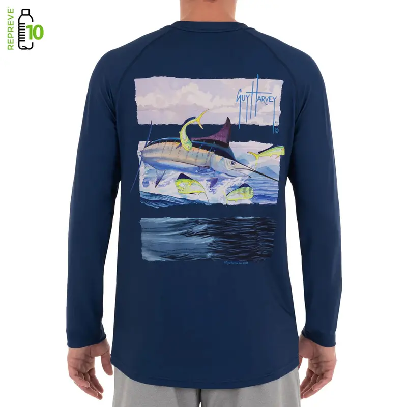 Guy Harvey Men'S Marlin Stripes Raglan – Sun-Protective Performance Top, Estate Blue 1