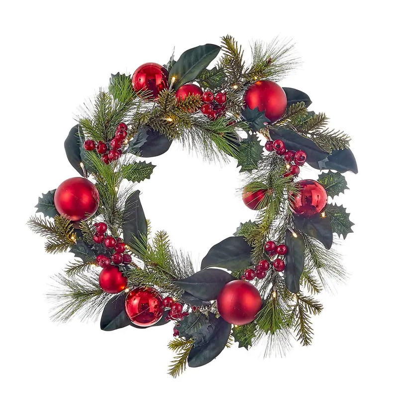 Kurt S. Adler 22 In Pre-Lit Led Wreath – Warm White Lights With Red Berries And Ball Ornaments 1