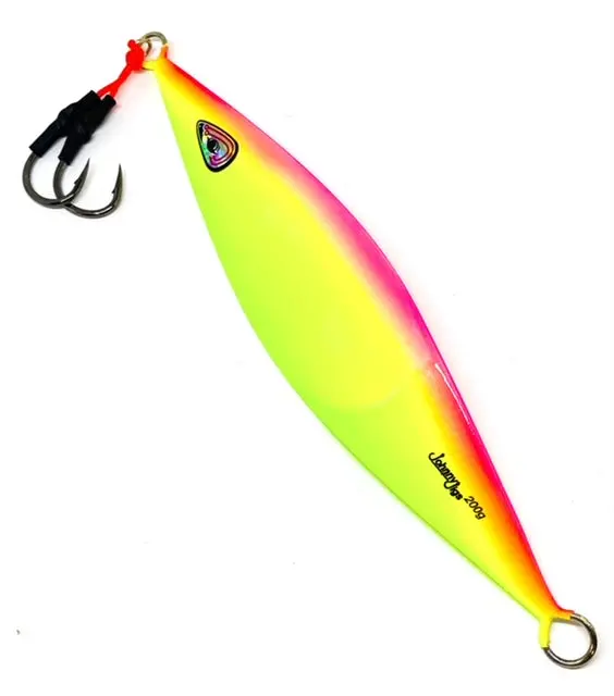 Rabbit Ear Glow Slow Pitch Jig – Pink/Yellow Uv-Enhanced Metal Jig 1