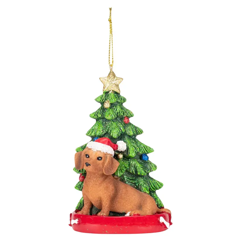 Red Dachshund Wearing Santa Hat Ornament – Resin Holiday Figurine (C7615Rda) 1