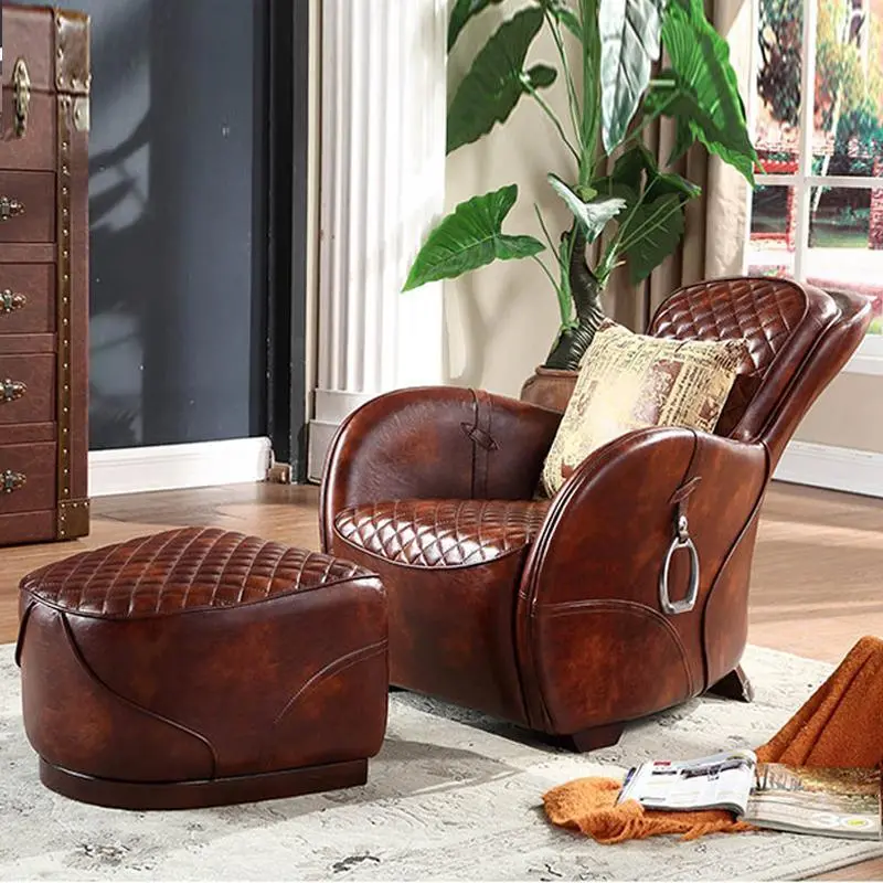Saddle-Style Chair And Footstool – Full Oil-Wax Leather, Clearance Item 1