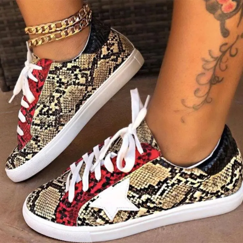 Snakeskin-Print Star-Accent Lace-Up Casual Sneakers 1