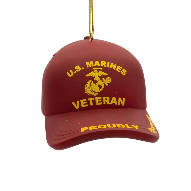U.S. Marine Veteran Cap Ornament – 3.5 Inch Red & Gold Resin Patriotic Decor 1