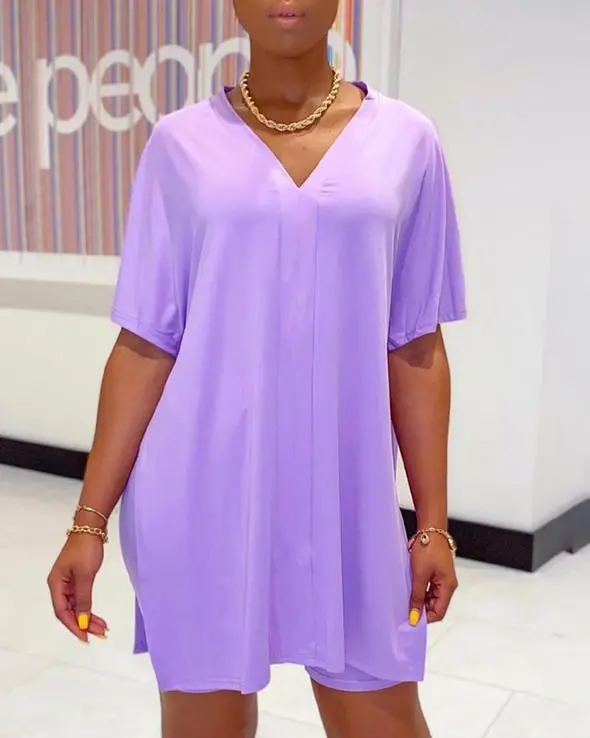 V-Neck Batwing Sleeve Matching Top And Shorts Set – Summer Casual Outfit