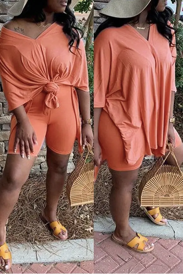 V-Neck Knotted Two-Piece Matching Set – Solid Color Coordinated Outfit