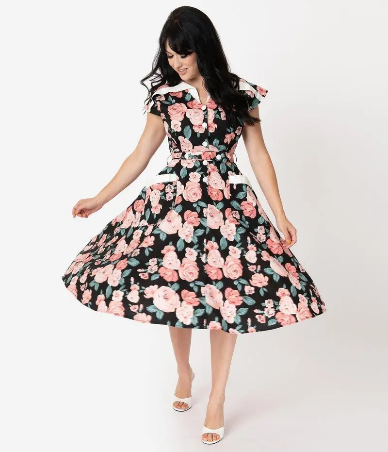 Vintage 1950S Hedda Swing Dress – Black & Pink Floral Cap Sleeve Style 1